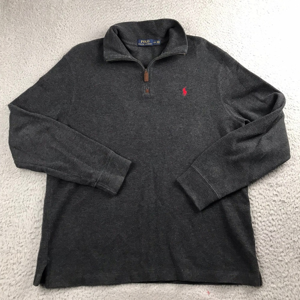 Polo Ralph Lauren Pullover Men L Gray Quarter Zip Cotton Ribbed Knit Sweater